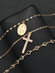 3件套时尚简约优雅十字架人像吊坠彩色水钻镶嵌Y型链项链套装，适合女性度假、约会、派对、舞会、节日、生日、日常佩戴 - 金黃色 - 查看 5