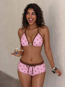 Bộ bikini nữ màu vàng chấm bi kiểu retro, thích hợp cho các buổi đi chơi, phong cách Y2K, dạo phố, nghỉ mát, bãi biển mùa hè. - Hồng - Xem 3