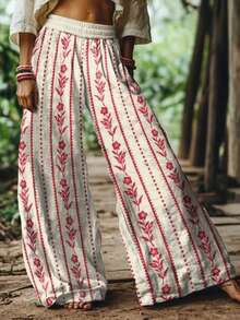2026 Women's New Arrival Pink & White  Printed Patchwork Floral Plaid Pastoral Style Wide-Leg Elastic Waist Casual Pants - 賓治酒 - 查看 2