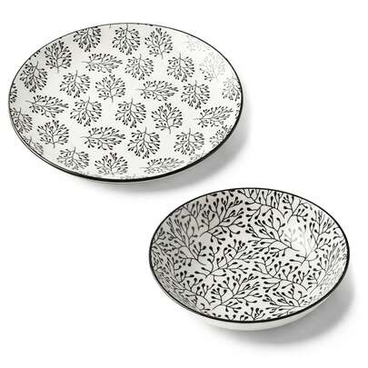 1/2pcs 10.5-Inch Flat Plate/8-Inch Soup Plate, Glossy Ceramic Dinnerware With Hand-Painted Leaf Pattern Underglaze, Rounded Edges For Non-Slip Grip, Microwave/Dishwasher/Oven , Easy To Clean And Scratch-Resistant, Suitable For Pasta, Stew, Steak, Salad And Family Dining