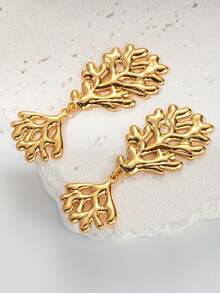 Mazuer 一对18K镀金不锈钢夏威夷风情珊瑚水滴耳环，女士珠宝配饰，适合夏威夷度假佩戴 - 金黃色 - 查看 8