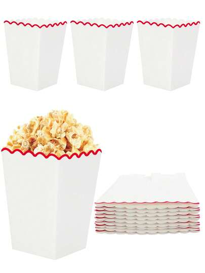 10pcs/30pcs/50pcs Red Wavy Edge Popcorn Boxes, Small Red & White Wavy Rim Paper Popcorn Bags, Suitable For Birthday, Wedding, Movie Night Parties, Candy Containers