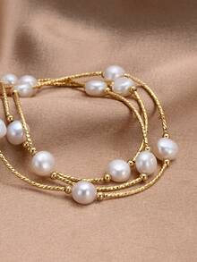 1pc 18K Gold Plated Natural Pearl Elastic Cord Multi-Layer Bracelet, Gift For Mother's Day, Valentine's Day, Birthday, Wedding, Engagement, Bride - White - View 2