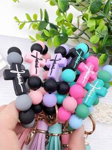 1pc Silicone Beaded Bracelet Keychain Creative Wrist Strap Keyring Bag Charm Ideal Gift For Friends Siblings Women Mothers Suitable For Daily Outfit Car Accessories School Bag Accessories Lanyards With Id Holder Car Accessories Bag Charms - Multicolor - 查看 2