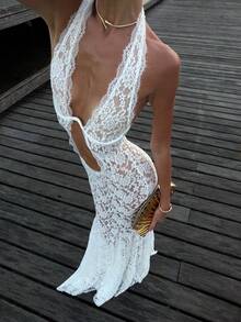 Women Sexy See Through Sheer Lace Halter Long Dress Sleeveless Backless Floral Patch Maxi Dress Summer Beach Vacation Party Cover Up Dress - 白色 - 查看 1