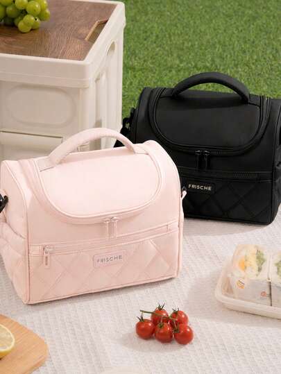 1个可爱大号绗缝保温午餐包，粉色/黑色，便携式保温午餐手提袋，带提手，防水防漏，优雅的工作、学校、旅行餐包，时尚的办公室野餐食品储存冷藏手提袋，适合日常使用，厨房野餐冷藏包，男士适用，适合野餐、上学、送给女士的礼物，情人节、返校季适用