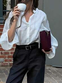 秋季新款甜美清新百搭优雅通勤宽松立领灯笼袖长袖休闲提花衬衫女上衣 - 白色 - 查看 3