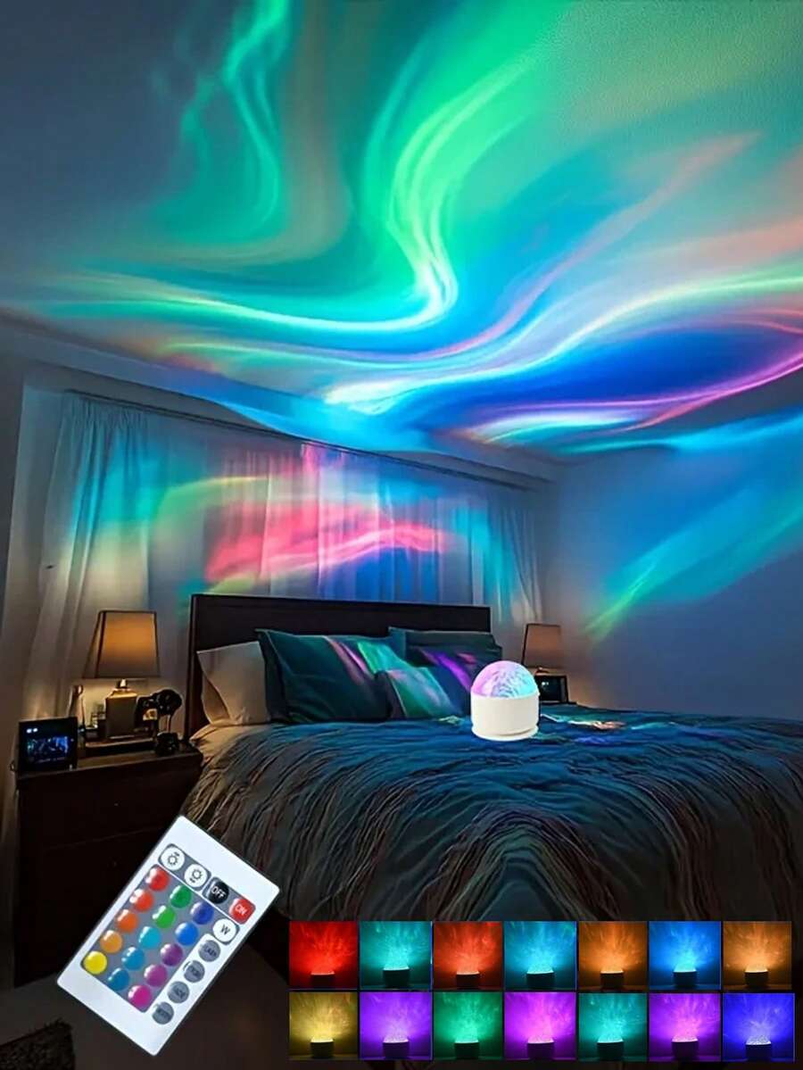 Đèn chiếu hình sóng biển và cực quang 16 chế độ ánh sáng có điều khiển từ xa, đèn ngủ tạo không gian hiện đại cho phòng ngủ và nhà cửa, phù hợp cho gia đình, văn phòng, quán bar, nhà hàng, trang trí tiệc. - Một kích cỡ phù hợp cho tất cả - Xem 1