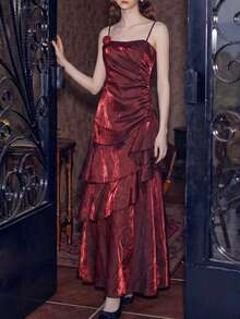 酒红色闪光晚礼服，优雅3D玫瑰花结婚礼宾客礼服，奢华舞会派对长款荷叶边连衣裙，适合正式场合 - 酒紅色 - 查看 2