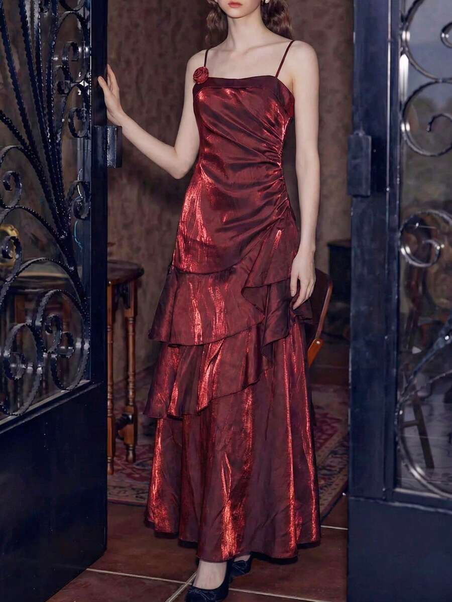 酒红色闪光晚礼服，优雅3D玫瑰花结婚礼宾客礼服，奢华舞会派对长款荷叶边连衣裙，适合正式场合