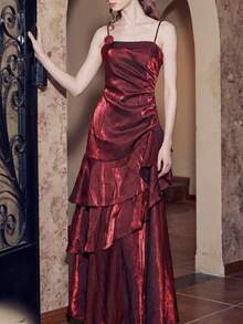 酒红色闪光晚礼服，优雅3D玫瑰花结婚礼宾客礼服，奢华舞会派对长款荷叶边连衣裙，适合正式场合 - 酒紅色 - 查看 8