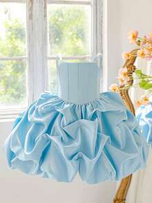Đầm công chúa bằng satin xếp tầng thanh lịch cho bé gái, thích hợp dự tiệc sinh nhật, dạ hội, tiệc tùng (không bao gồm băng đô cài tóc). - Màu xanh nhạt - Xem 4