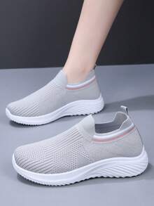 女士透气网面休闲运动鞋，防滑软底一脚蹬舒适妈妈鞋，圆头宽松休闲鞋，适合日常行走，弹性鞋口，春夏款 - 淺灰色 - 查看 6