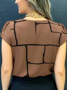 Women's Fashion Ruched Crew Neck Geometric Print Short Sleeve Polyester Blouse, Casual Regular Fit Suitable For Weekends, Spring/Summer/Autumn - Khaki - View 3