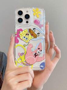SpongeBob SquarePants غطاء هاتف مضاد للصدمات بنمط كرتوني غير متماثل مخطط بخطوط وشكل إسفنج بوب والقنديل، مناسب ومتوافق مع موديلات سامسونج/أبل 17/16/15/14/13/12/11 برو ماكس/12 برو/14 بلس وغيرها - متعدد الألوان - مشاهدة 7