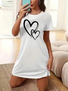 Women's Heart Print Short-Sleeve Nightgown - Suitable All Seasons, Adult Nightgown With Round Neck And Heart Pattern Design. Outerwear Dress. KABO - 白色 - 查看 10
