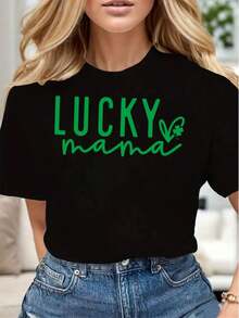 Lucky Mama Green Clover Print Women Casual T-Shirt Soft Comfortable Gift For St Patricks Day - màu đen - Xem 1