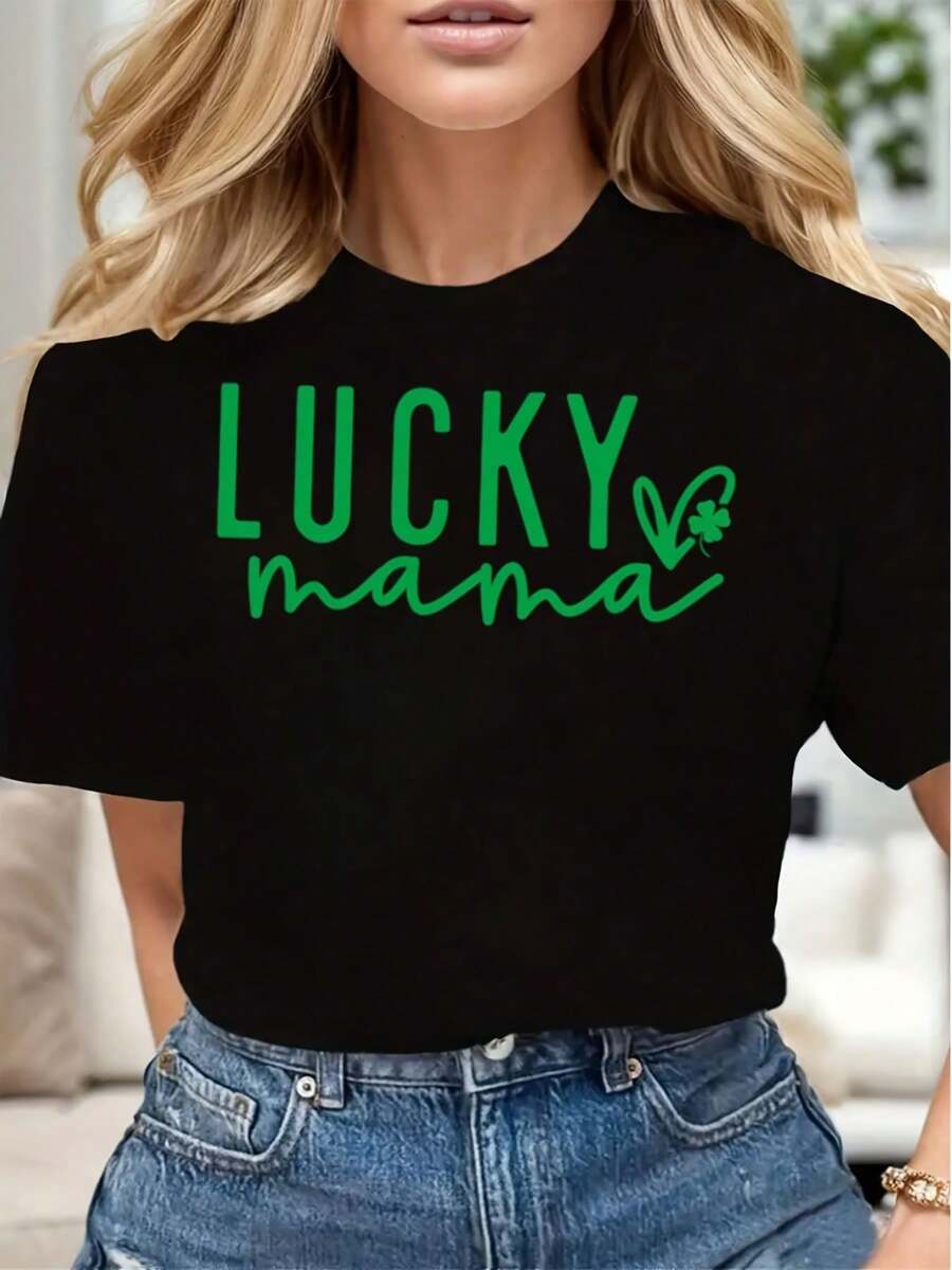 Lucky Mama Green Clover Print Women Casual T-Shirt Soft Comfortable Gift For St Patricks Day - màu đen - Xem 1