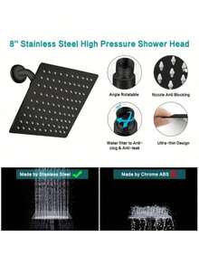 High Pressure Square Rain Shower Head With Handheld Sprayer Combo, Includes 60" Stainless Steel Hose, 3-Way Diverter Valve, Adhesive Shower Head Holder, Double Shower Head Set Home Bathroom Decor Summer Bathroom Accessories - 黑色的 - 查看 4