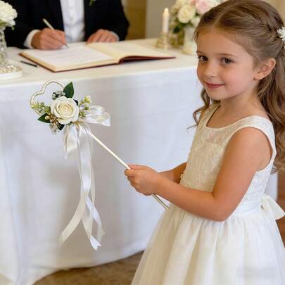 Wedding Fairy Sticks, Elegant Artificial Flowers Ribbon Wands Magic Stick Decoration Lawn Party Favor