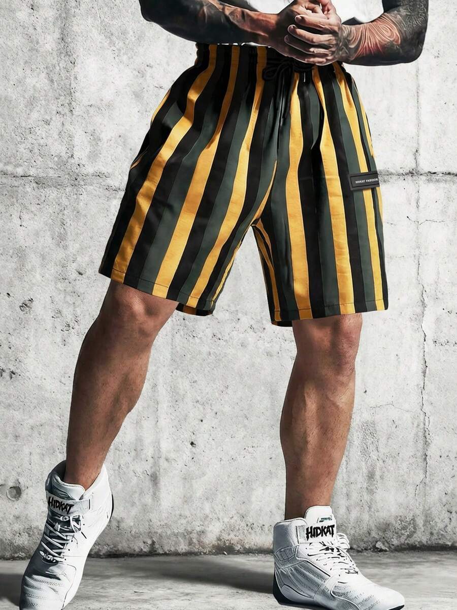 Men's Summer Striped Black Yellow Green Casual Sports Lightweight Drawstring Waist Pockets Outdoor Leisure, Sports, Daily Outfits Bermuda Short - Yellow - View 1