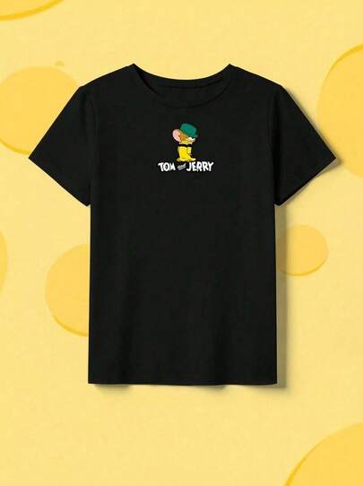 Whysmera SHEIN X Tom & Jerry Women's Round Neck Cartoon Letter Print Casual Versatile Daily Wear Short Sleeve T-Shirt