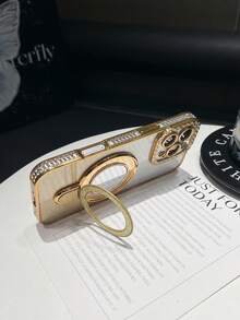 1pc Rhinestone Electroplated Laser Engraved Mirror Stand TPU Phone Case, Compatible With IPhone 16/7P/8P/X/XS/XR/XS Max/11/11 Pro/11 Pro Max/12/12 Pro/12 Pro Max/13/13 Pro/13 Pro Max/14/14 Pro/16 Plus/14 Pro Max/15/15 Pro/15 Plus/15 Pro Max - Gold - View 5