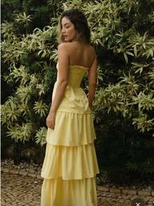 Samantha Long Dress With Layered Ruffles, Strapless, Twisted At The Bust. - Màu vàng - Xem 3