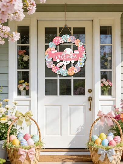 1pc Easter Bunny Egg Wreath Decor, 2D Wooden Wall Hanging, Spring Holiday, Theme Party Atmosphere Decoration, Home Decor, Outdoor Yard Decor, Easter Gift, Suitable For Door, Window, Wall Hanging