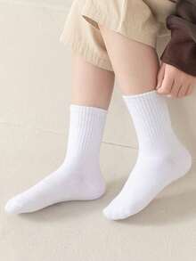 5双装纯棉儿童/青少年学生袜，日常休闲袜，足球运动中筒袜 - 白色 - 查看 4