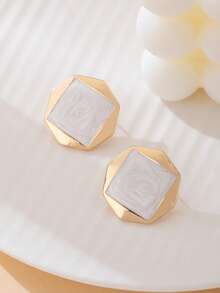 1 Pair Classic Minimalist Handmade Drip Oil Geometric Square Stud Earrings For Women (No Gift Box) - White - View 2