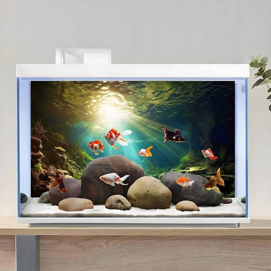 阳光明媚的深潭，鱼缸背景画，水族箱背景贴纸，爬行动物缸背景装饰，两侧嶙峋的峭壁，附着的海藻和苔藓散发出湿润的绿色，光影交错，将家里的鱼缸变成一个微缩的深潭圣地，水族箱背景装饰，适用于水族箱、两栖动物和爬行动物栖息地装饰，鱼缸/水族箱/爬行动物缸配件