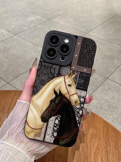 Vintage Equestrian Style Elegant Horse Print Black Phone Case, Minimalist TPU Matte Frosted Anti-Drop Protective Cover Suitable For Daily Use/World Equestrian Games Phone Case Gift