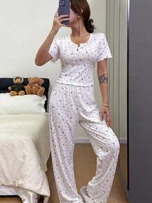 Dreamivo 2pcs Floral Print V-Neck Decorated Short Sleeve Top And Pants Pajama Set - White - View 3