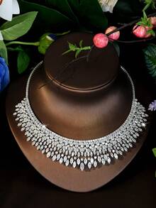 Bộ trang sức đính đá Cubic Zirconia hình thoi và hoa hướng dương, thích hợp cho nữ giới đeo đi dự tiệc. - Bạc - Xem 6