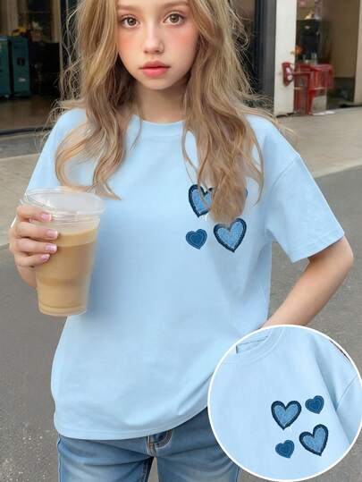 Denim Style Heart Print Round Neck Short Sleeve T-Shirt, Comfortable New Spring/Summer Girls Clothing