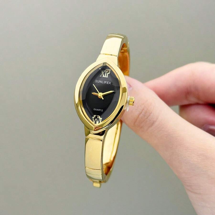 SUNLIFEX Teardrop Bracelet Watch - 29mm Vintage Style Dial, Zinc Alloy Cuff, Elegant Women's Quartz Watch - Đĩa đen vỏ vàng - Xem 1