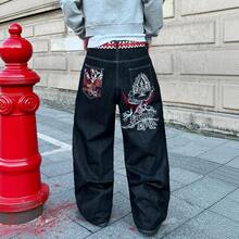 1pc Hearty Haven Casual Embroidered Loose Wide-Leg Jeans, Fashionable Streetwear Denim Pants For Men, All Season - Black - View 3