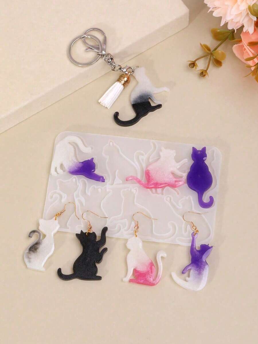 1pc DIY Crystal Glue Cute Cat Earrings Keychains Silicone Mold, Suitable For Making Epoxy Resin Earrings, Keychains, Pendants And Decorations - White - View 1