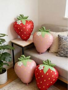 6/12个粉色草莓铝箔气球，水果形状铝箔和聚酯薄膜气球，适用于洗礼、草莓主题派对、生日和婚礼装饰、婴儿派对、性别揭晓派对、水果主题派对、情人节和新年背景装饰气球。 - 草莓套裝 - 查看 3
