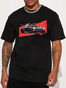Summer New Arrival Black T-shirt with Red Geometric Pattern and Sports Car Print.Suitable for wearing in spring and summer, T-shirt is a casual and y short-sleeved top - Negro - Ver 1