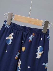 2 piezas Conjunto de pijama ligero para niños, parte superior de manga larga y pantalones con estampado de astronauta de dibujos animados, ropa de estar en casa casual - Multicolor - Ver 8