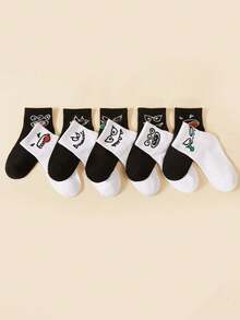 5 Pairs Random Black & White Cartoon Funny Mid-Calf Socks, Breathable Kids Socks, Fashion Versatile For Boys And Girls, Graffiti Expressions - Multicolor - View 3