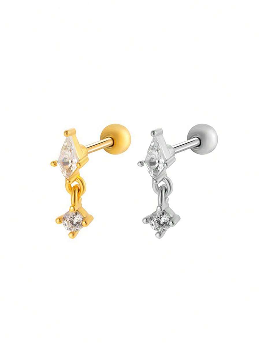 Toppiercing 1件 时尚创意微镶锆石几何不锈钢杆耳骨穿孔耳环 - 彩色 - 查看 1