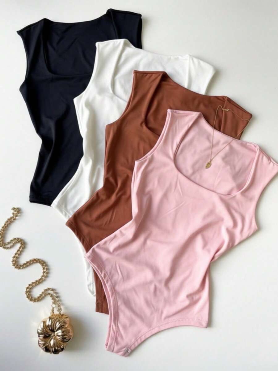 Kit 4 Basic Bodysuits Square Neckline Wide Straps Versatile Shapewear Casual Suplex Basic Gringa Blogger Fashion - ROSABB-可可-白-黑 - 查看 1