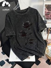 Plus Size Women's Casual Rose Vine Print Round Neck Short Sleeve T-Shirt, Suitable For Spring, Summer And Autumn Black - Black - View 2