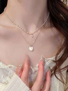 CVNANA 1入組時尚鋅合金貓眼石頭形狀心多層吊墜項鍊適合女士適用於生日禮物 - 金黃色 - 查看 4