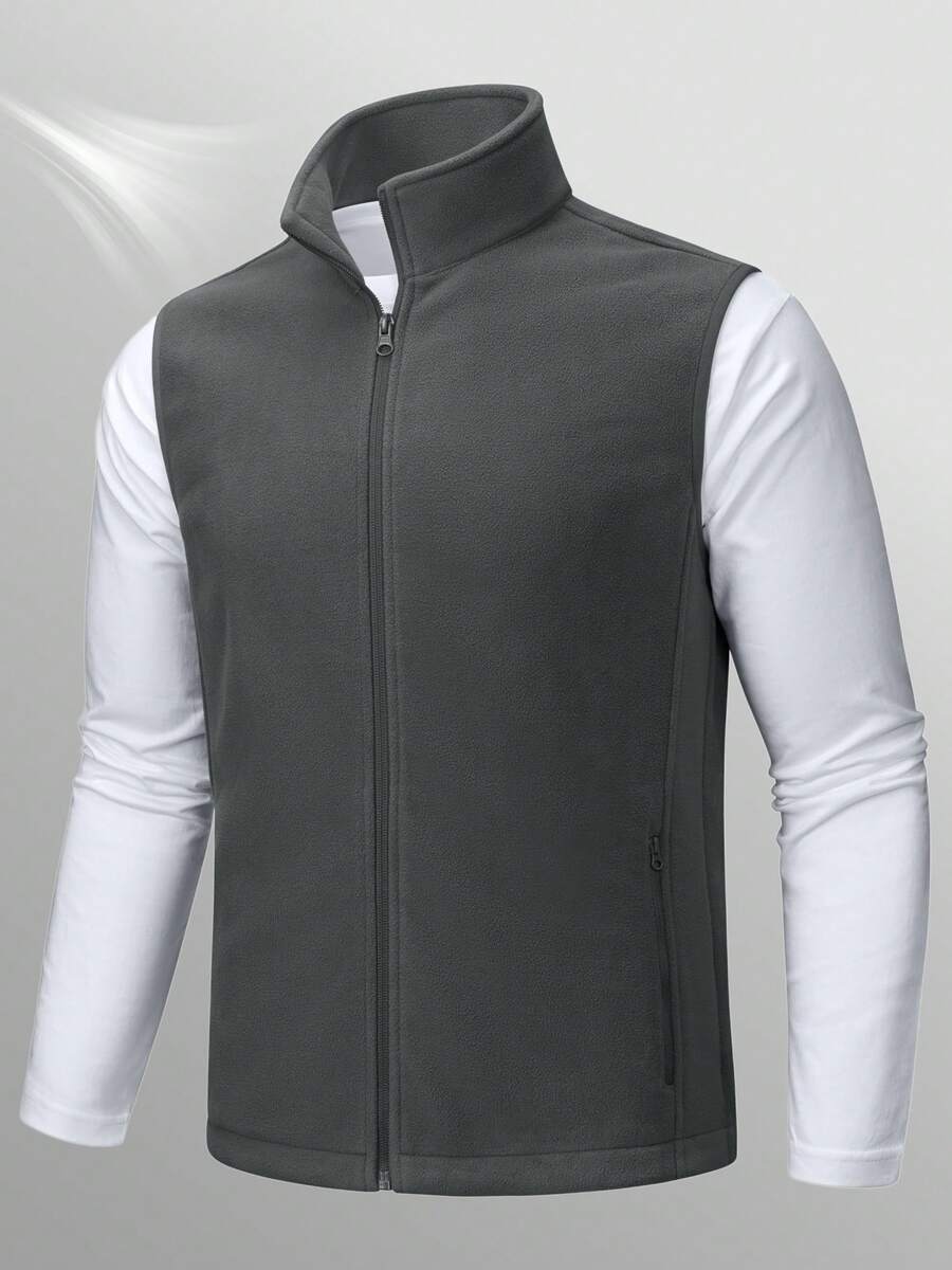 KEFITEVD Men's Fleece Vest Zip Up Lightweight Vests Outerwear With Pockets Winter Warm Sleeveless Jacket For Hiking Golf - 深灰色 - 查看 1