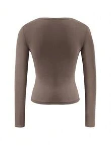 Vaiaye Women's Plus Size Fitted V-Neck Sexy Long Sleeve Y2K Spring/Summer Knit Top, Solid Color V-Neck T-Shirt, Suitable For Valentine's Day Wear - Coffee Brown - View 4