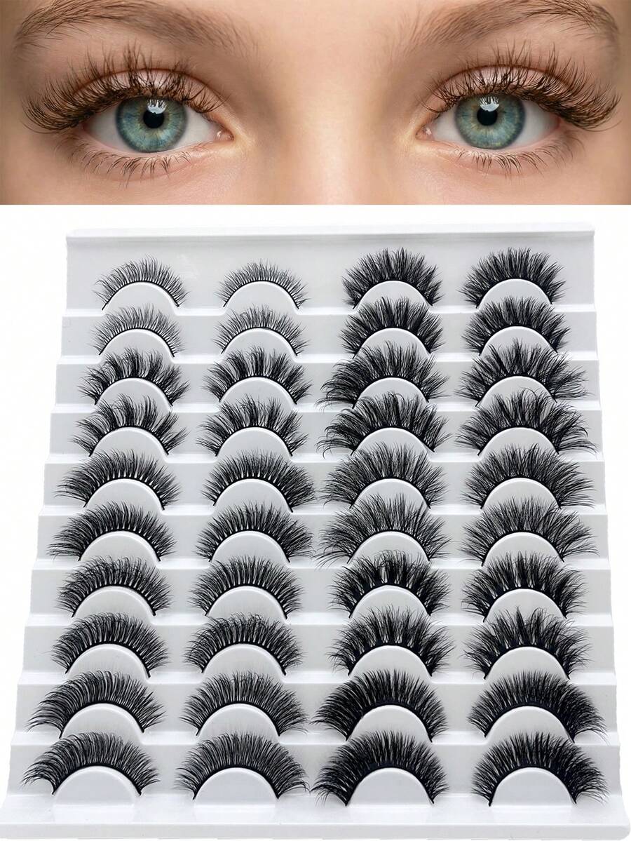 20 pares de pestañas postizas naturales con efecto mojado estilo manga - 10 estilos con efecto de injerto similar a las pestañas de visón falsas, banda negra, estilo Y2K 3D esponjoso de larga duración, natural y dramático, herramienta de maquillaje